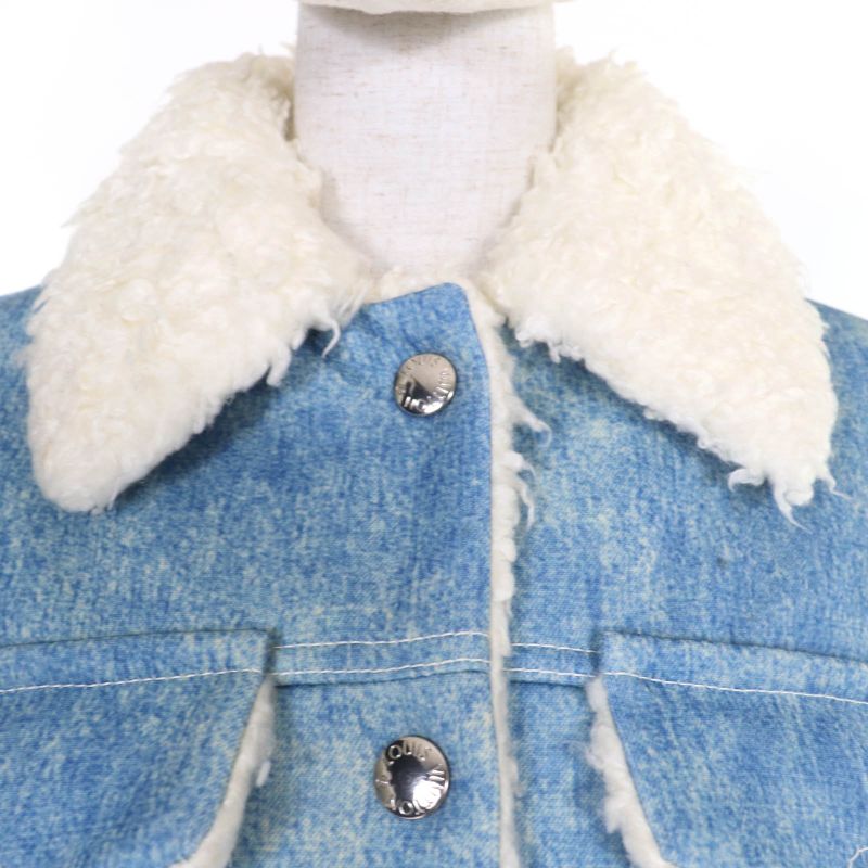 Louis Vuitton Logo Button Denim Transfer Short Length Boa Jacket Blue 38 Made