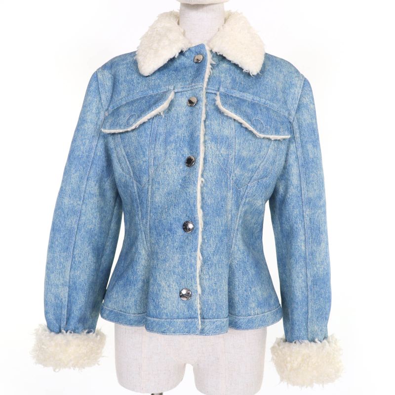 Louis Vuitton Logo Button Denim Transfer Short Length Boa Jacket Blue 38 Made