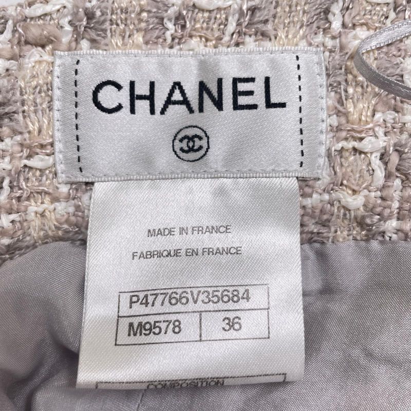 CHANEL P47766 Coco Mark Part Knee Length Tweed Skirt Tight Skirt Beige 36 Made