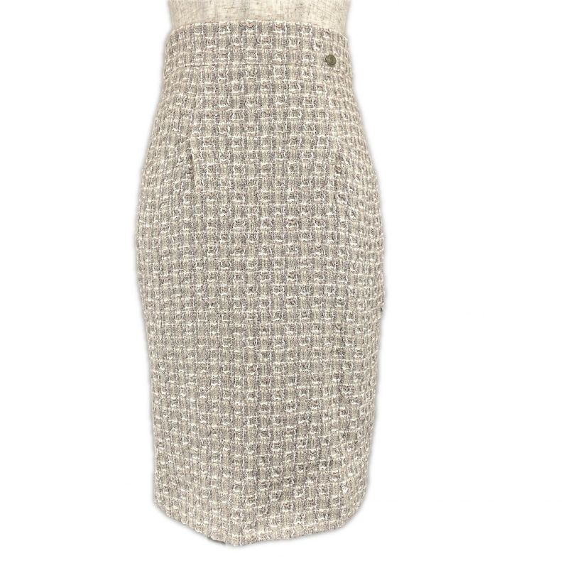 CHANEL P47766 Coco Mark Part Knee Length Tweed Skirt Tight Skirt Beige 36 Made