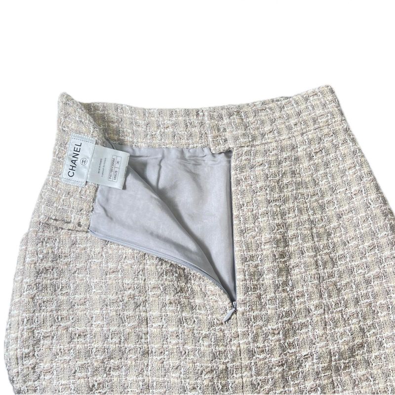 CHANEL P47766 Coco Mark Part Knee Length Tweed Skirt Tight Skirt Beige 36 Made
