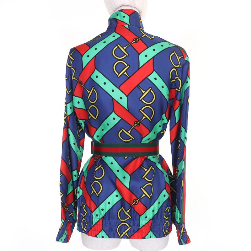 Gucci 743005 Horsebit Pattern Sherry Line GG Marmont Buckle Silk Jacket