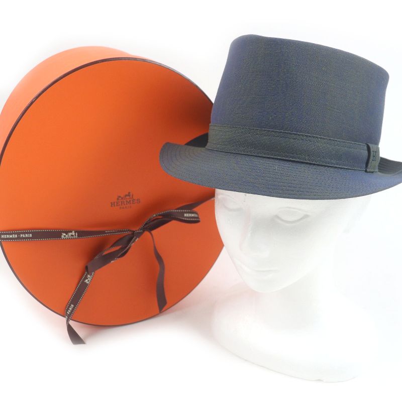 Hermes Linen Hat Embroidered H logo Blue Size 59 with box