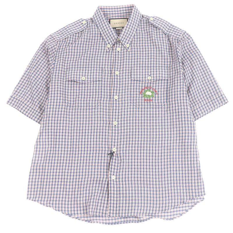 Gucci 654883 Embroidered Checkered Button-down Short-sleeved Shirt With