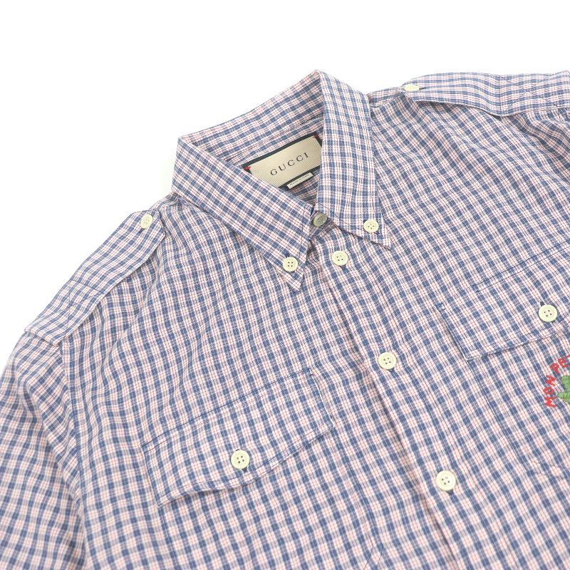 Gucci 654883 Embroidered Checkered Button-down Short-sleeved Shirt With