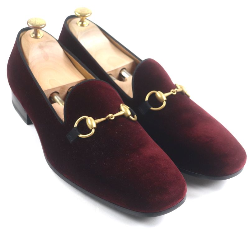  Gucci 718888 Velour Horsebit Leather Shoes Loafers Bordeaux Gold Hardware 8.5
