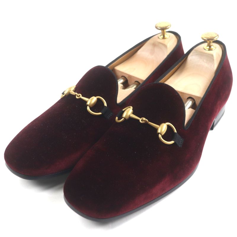  Gucci 718888 Velour Horsebit Leather Shoes Loafers Bordeaux Gold Hardware 8.5