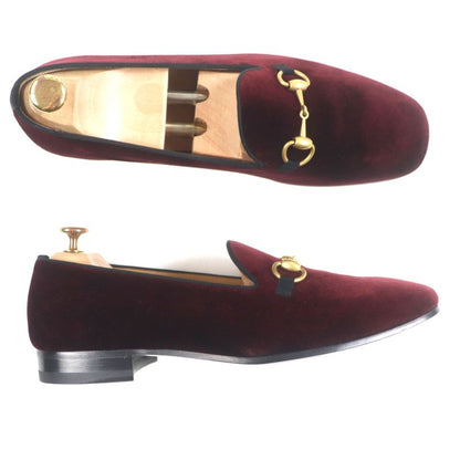  Gucci 718888 Velour Horsebit Leather Shoes Loafers Bordeaux Gold Hardware 8.5