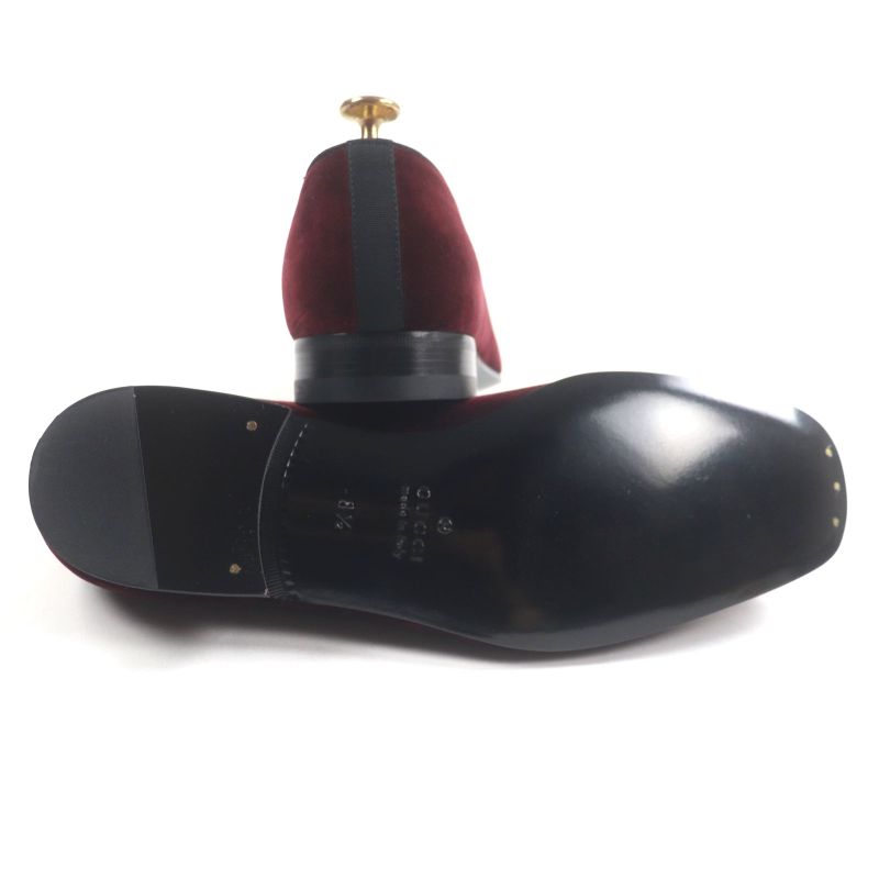  Gucci 718888 Velour Horsebit Leather Shoes Loafers Bordeaux Gold Hardware 8.5