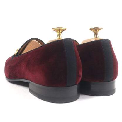  Gucci 718888 Velour Horsebit Leather Shoes Loafers Bordeaux Gold Hardware 8.5