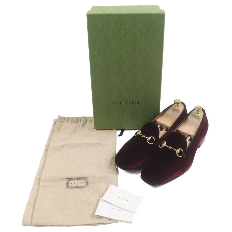  Gucci 718888 Velour Horsebit Leather Shoes Loafers Bordeaux Gold Hardware 8.5