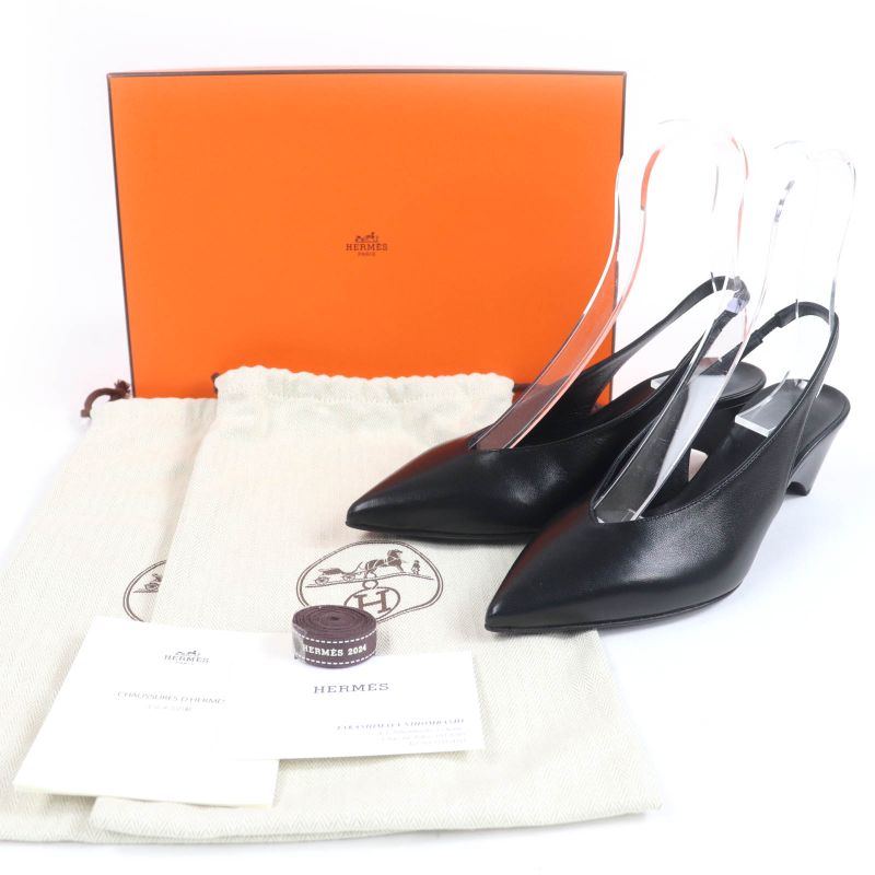 Hermes Antim 55 Pointed Toe Leather Suring Back Pumps Black 36 With Box And