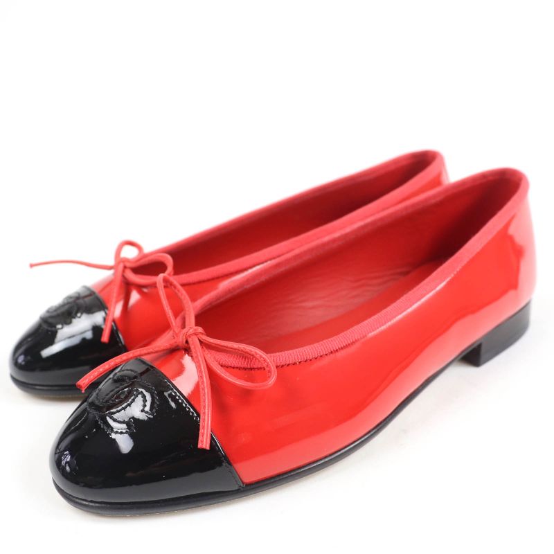 CHANEL G02819 Patent Leather Coco Mark Bicolor Flat Shoes Ballet Shoes Red