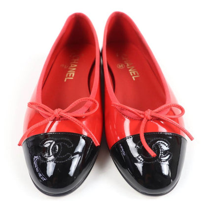 CHANEL G02819 Patent Leather Coco Mark Bicolor Flat Shoes Ballet Shoes Red