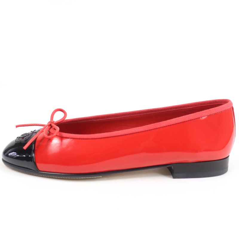CHANEL G02819 Patent Leather Coco Mark Bicolor Flat Shoes Ballet Shoes Red