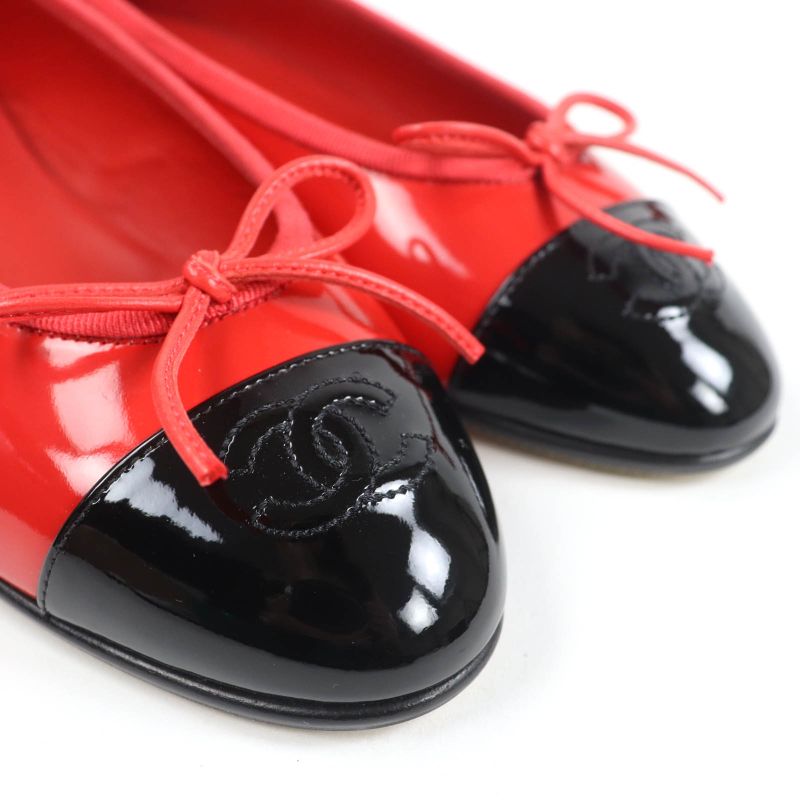 CHANEL G02819 Patent Leather Coco Mark Bicolor Flat Shoes Ballet Shoes Red