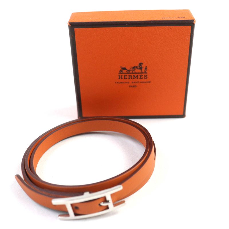 Hermes Api 3 Silver Hardware H Logo Leather Bracelet 3strand Accessory Orange