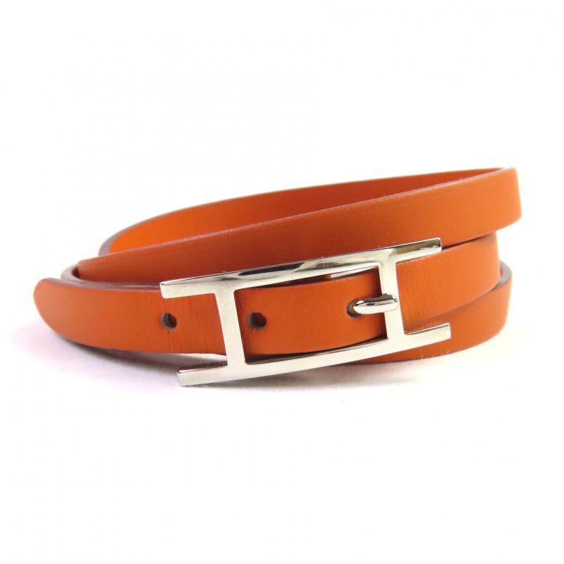 Hermes Api 3 Silver Hardware H Logo Leather Bracelet 3strand Accessory Orange