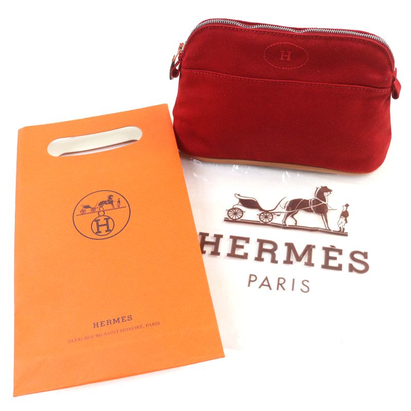 Hermes Bolide Pouch PM Cotton 100% H Logo Embroidery Leather Use Cosmetic Pouch