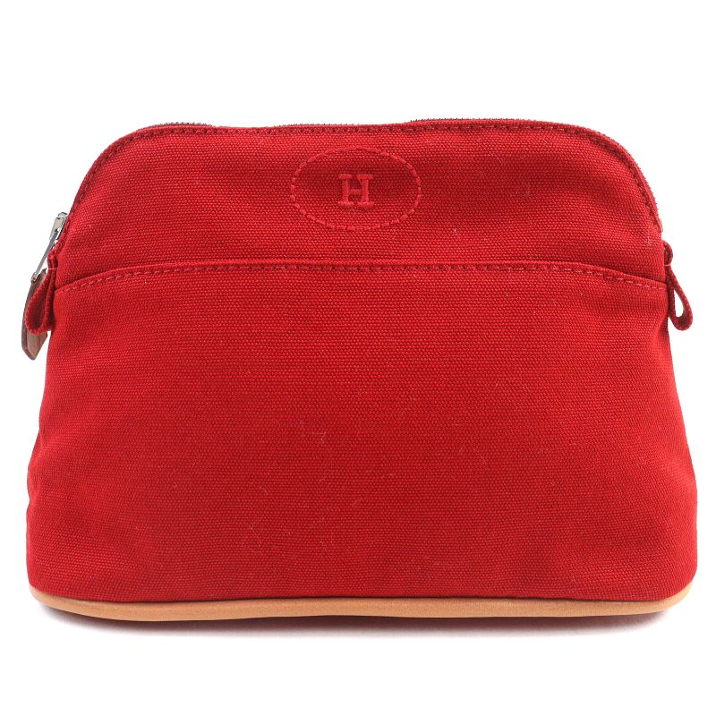 Hermes Bolide Pouch PM Cotton 100% H Logo Embroidery Leather Use Cosmetic Pouch