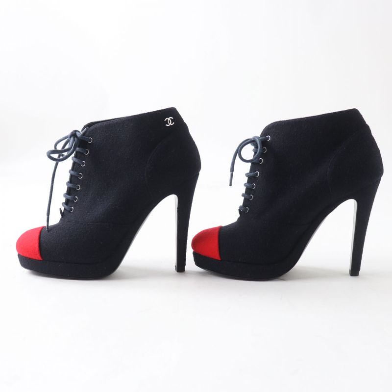 CHANEL G30404 Women's Bicolor Lace-up Wool Booties With Coco