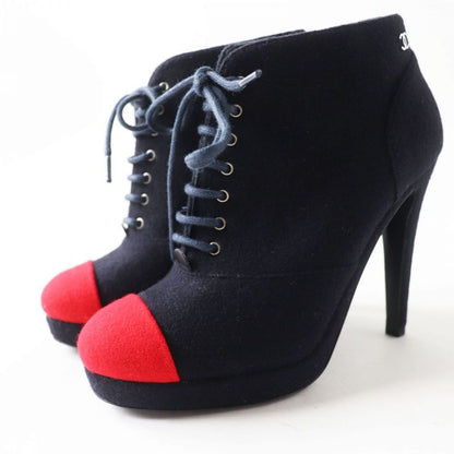 CHANEL G30404 Women's Bicolor Lace-up Wool Booties With Coco