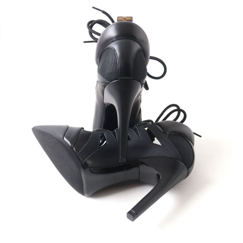 Louis Vuitton Stream Line Lace-up Pointed Toe Monogram Leather Pumps Black 36