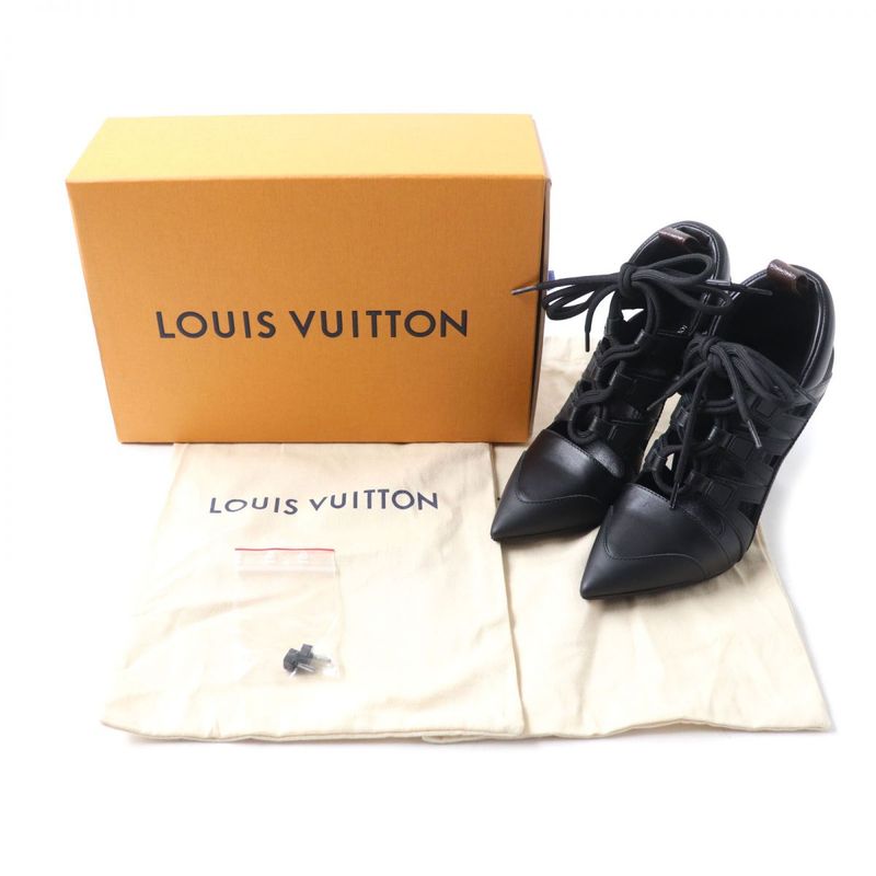 Louis Vuitton Stream Line Lace-up Pointed Toe Monogram Leather Pumps Black 36