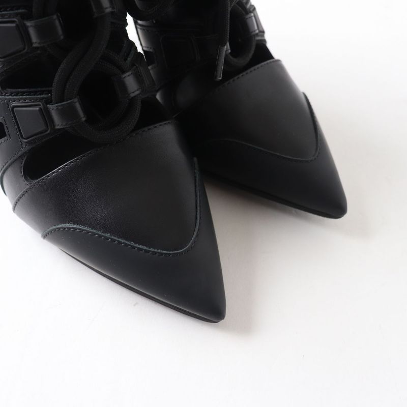 Louis Vuitton Stream Line Lace-up Pointed Toe Monogram Leather Pumps Black 36