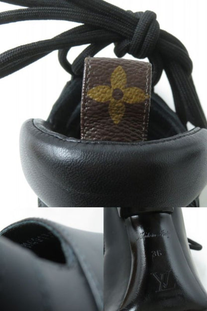 Louis Vuitton Stream Line Lace-up Pointed Toe Monogram Leather Pumps Black 36