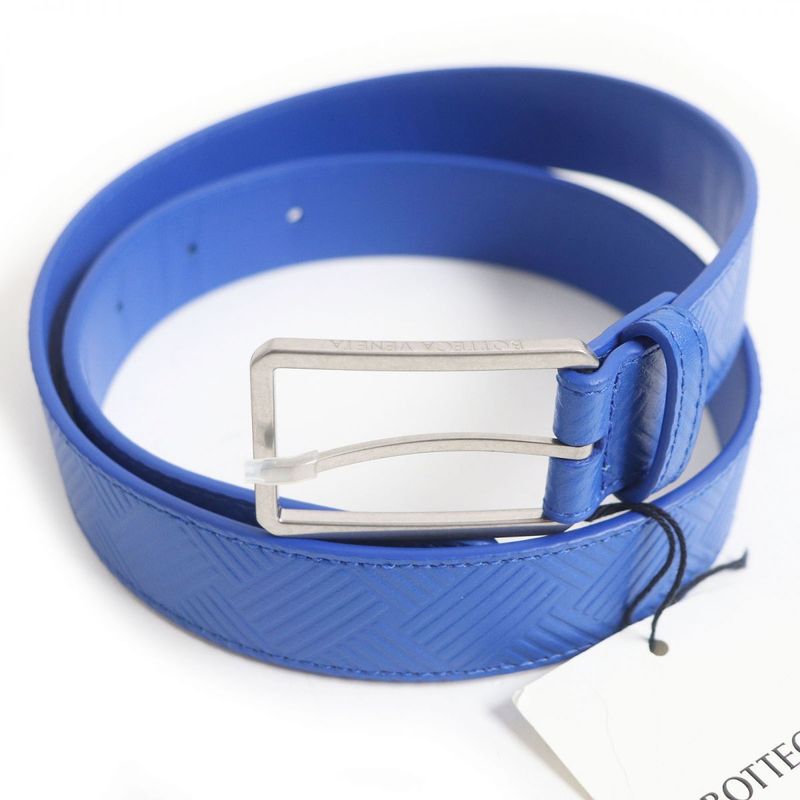 Bottega Veneta Intrecciato Embossed Silver Pin Buckle Leather Belt Blue 100/40