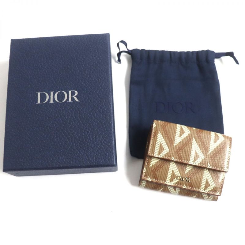 DIOR Om 2esbc110 CD Diamond Leather Trifold Wallet/compact Wallet Brown