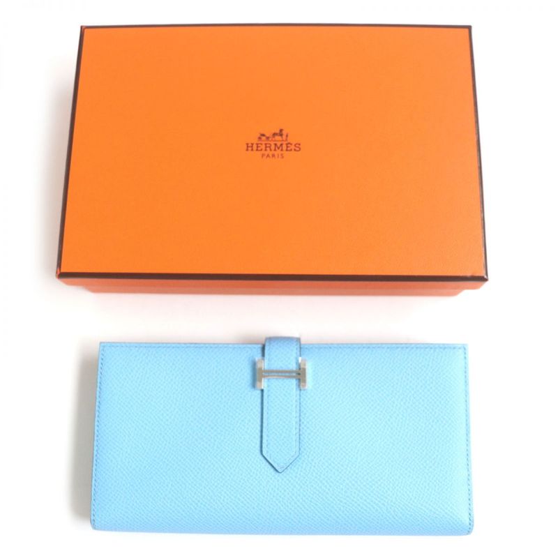  Hermes Bearn Souffle Vaux Epson Leather Bifold Long Wallet Celeste X Veil