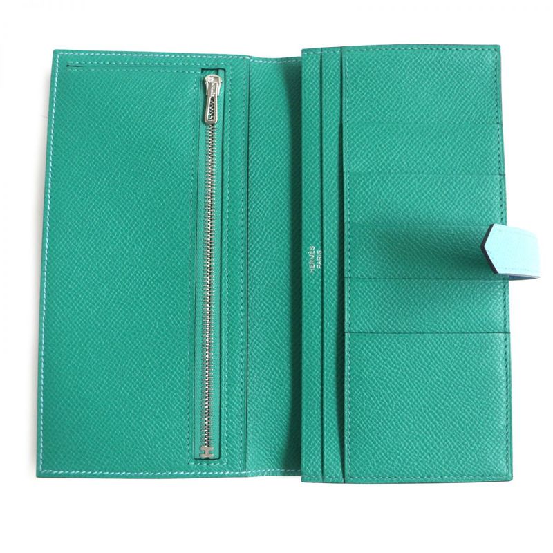  Hermes Bearn Souffle Vaux Epson Leather Bifold Long Wallet Celeste X Veil