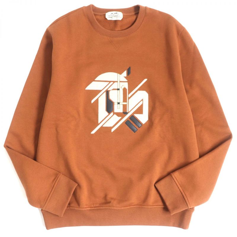 23ss Hermes Chevaux En Symmetry Leather Patch Sweatshirt Brown M Men's Made In