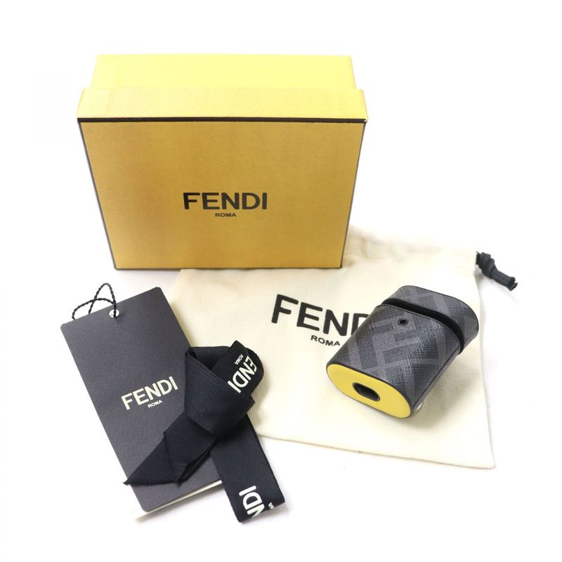 Fendi 7ar987 Zucca Allover Pattern Leather Airpods Case/earphone Case Black And