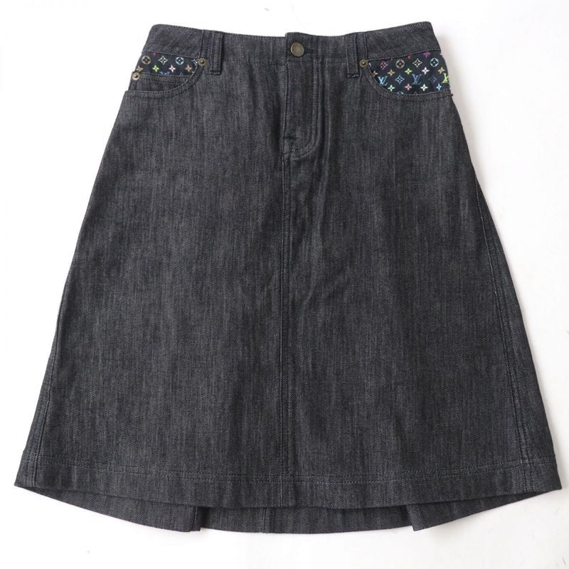 Louis Vuitton Monogram Multi Denim Skirt With Logo Button Black X Multi