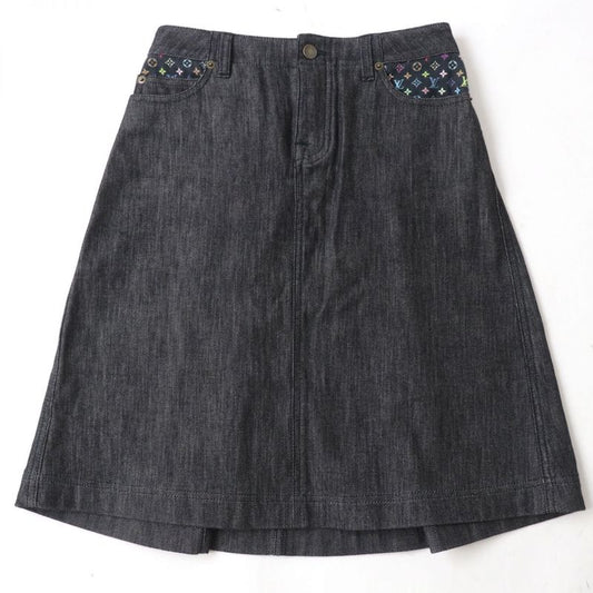 Louis Vuitton Monogram Multi Denim Skirt With Logo Button Black X Multi