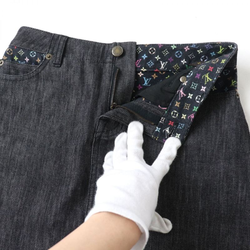 Louis Vuitton Monogram Multi Denim Skirt With Logo Button Black X Multi