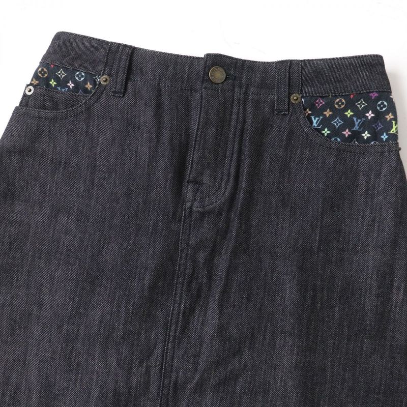 Louis Vuitton Monogram Multi Denim Skirt With Logo Button Black X Multi
