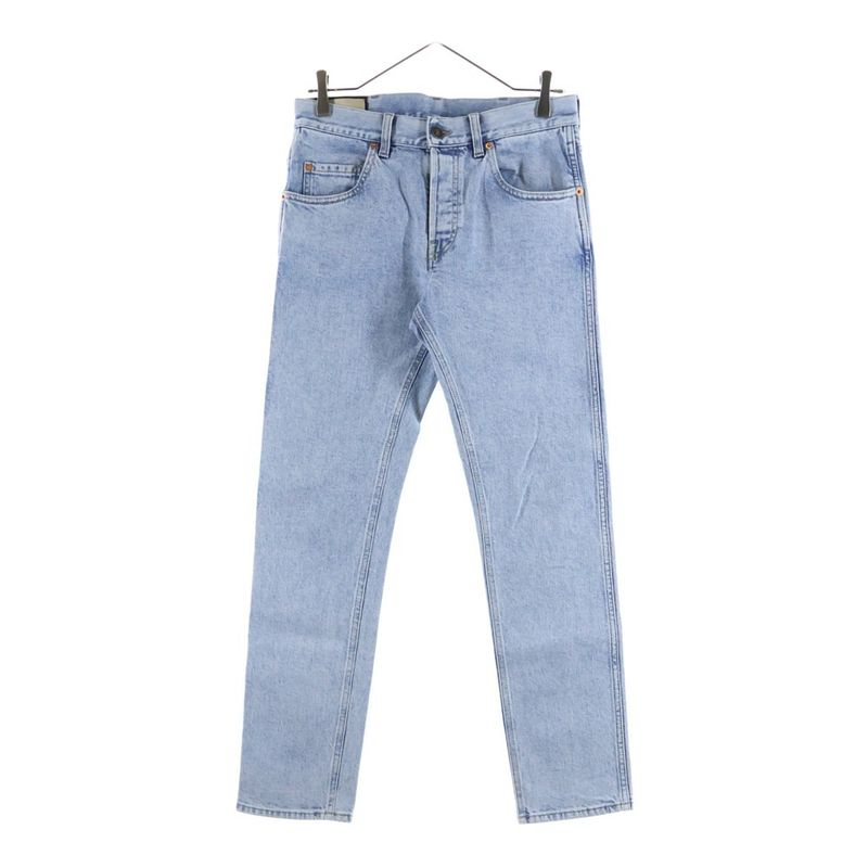 Gucci Vintage Logo Print Leather Patch Washed Button Fly Tapered Denim Pants