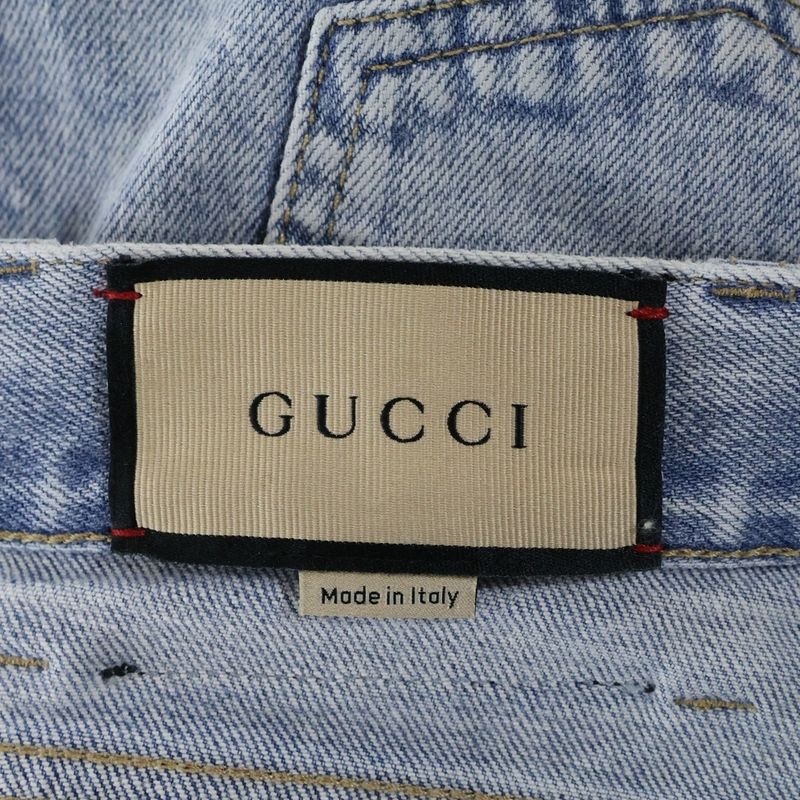 Gucci Vintage Logo Print Leather Patch Washed Button Fly Tapered Denim Pants