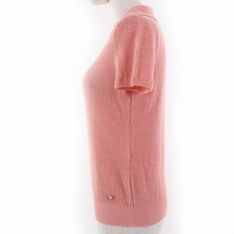 CHANEL 17P P56135k07344 Pearl Coco Mark Part Short Sleeves Knit Pink 40 Made In