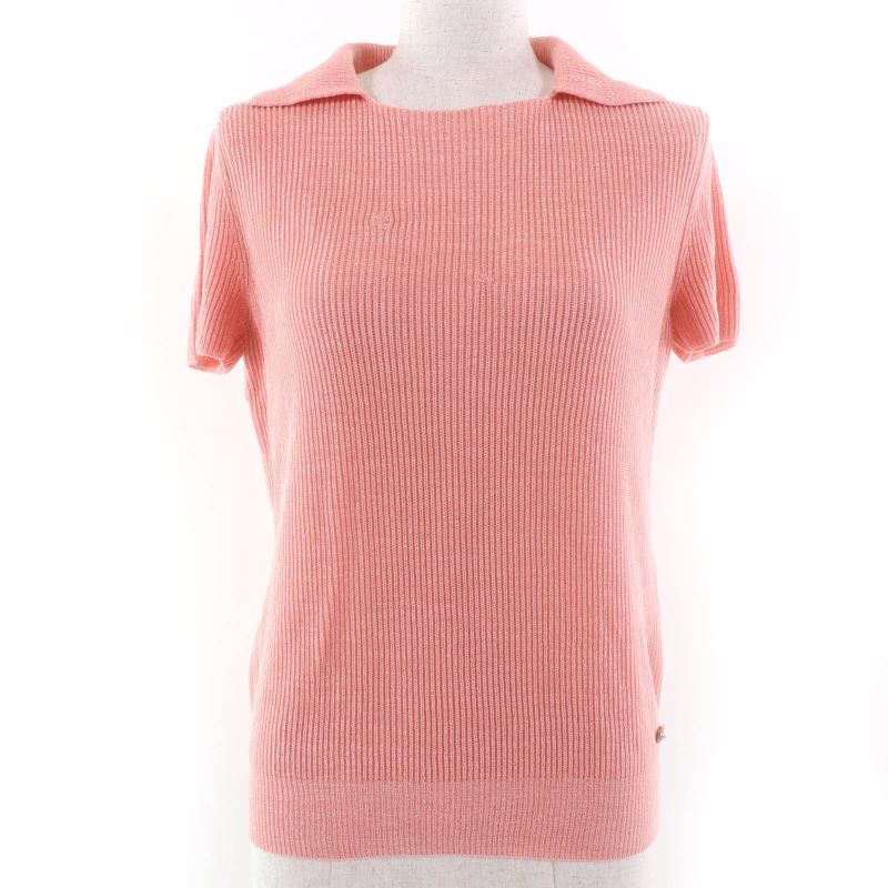 CHANEL 17P P56135k07344 Pearl Coco Mark Part Short Sleeves Knit Pink 40 Made In