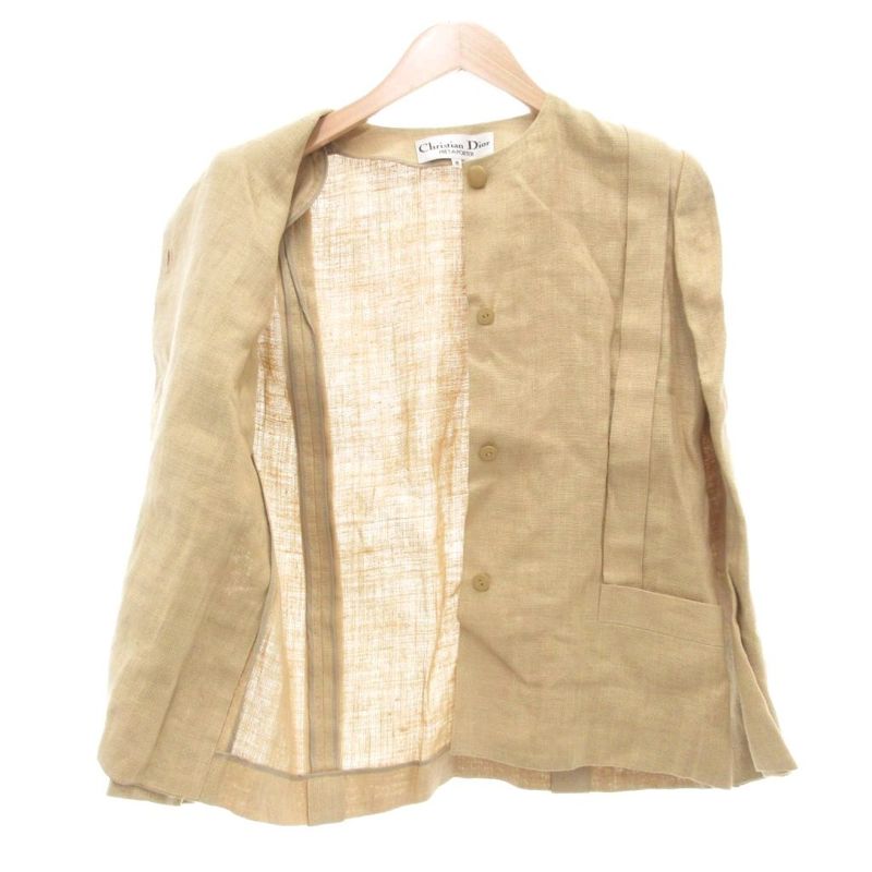 Christian DIOR Pret-a-porter Vintage Setup Collarless Jacket Skirt Linen M