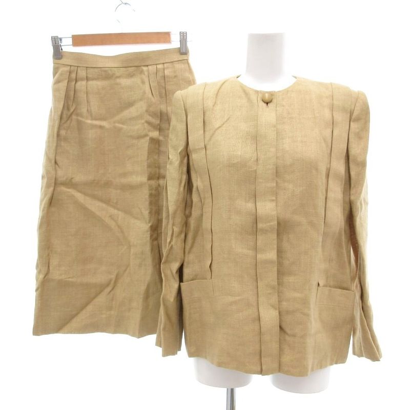 Christian DIOR Pret-a-porter Vintage Setup Collarless Jacket Skirt Linen M