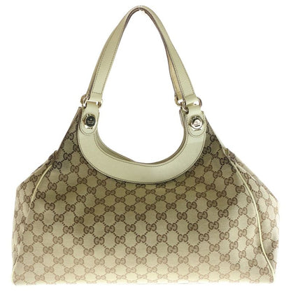 Gucci GG Canvas Tote Handbag Beige And White Canvas And Leather 154981 Gold