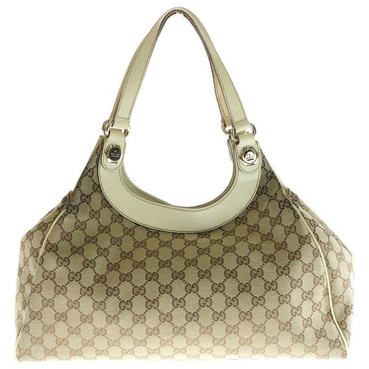 Gucci GG Canvas Tote Handbag Beige And White Canvas And Leather 154981 Gold