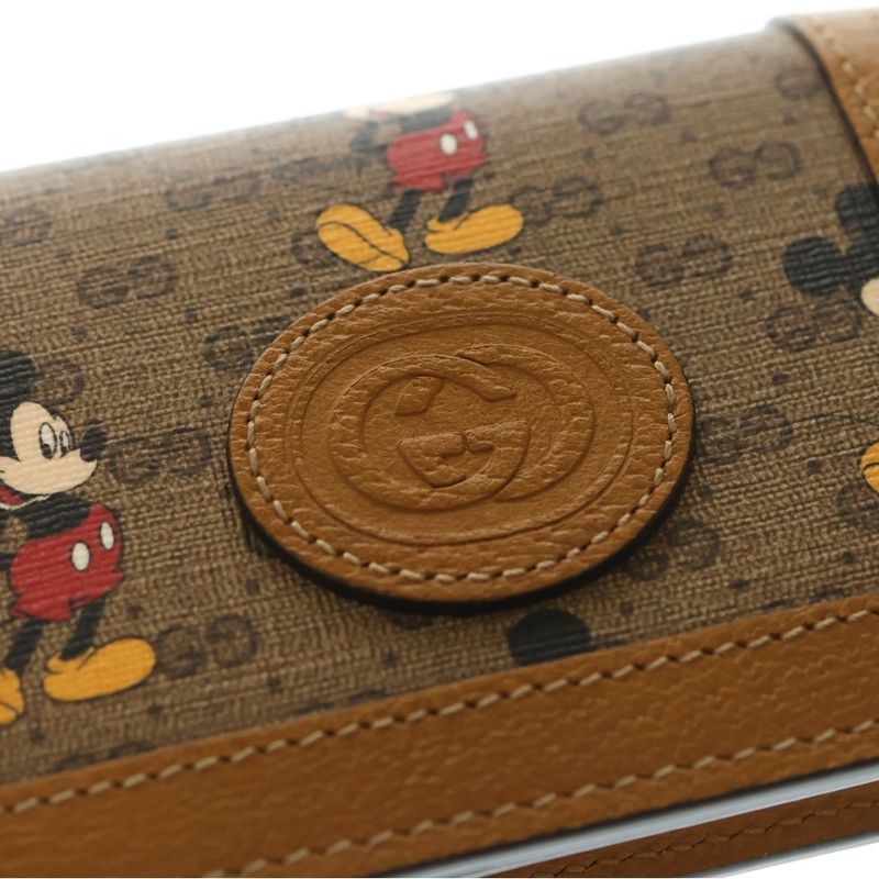 Gucci X Disney Compact Wallet Coin Case Brown Leather 602534 Gold Hardware