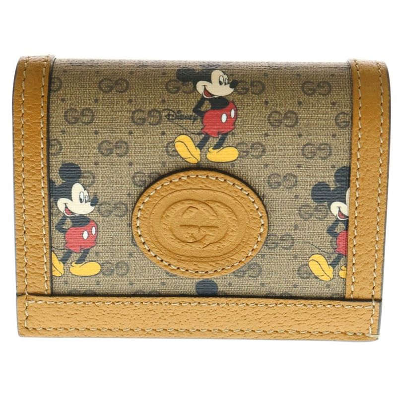 Gucci X Disney Compact Wallet Coin Case Brown Leather 602534 Gold Hardware
